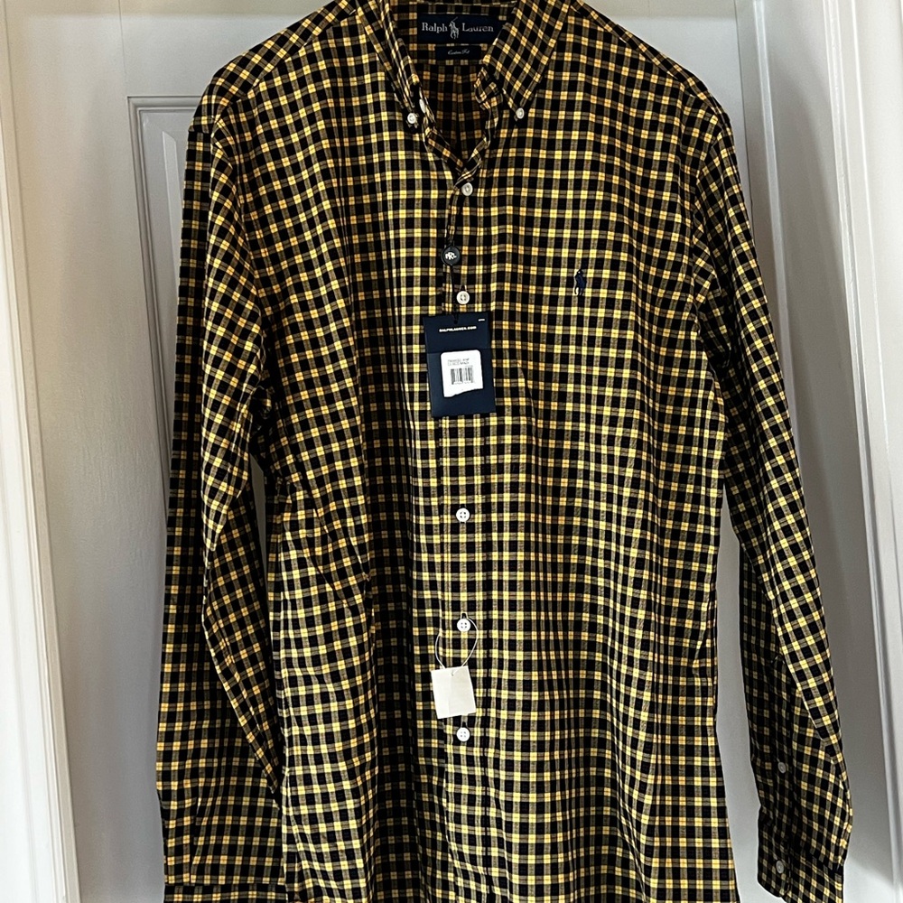 New NWT Ralph Lauren Black & Yellow Plaid Long Sleeve Cotton Shirt Large L